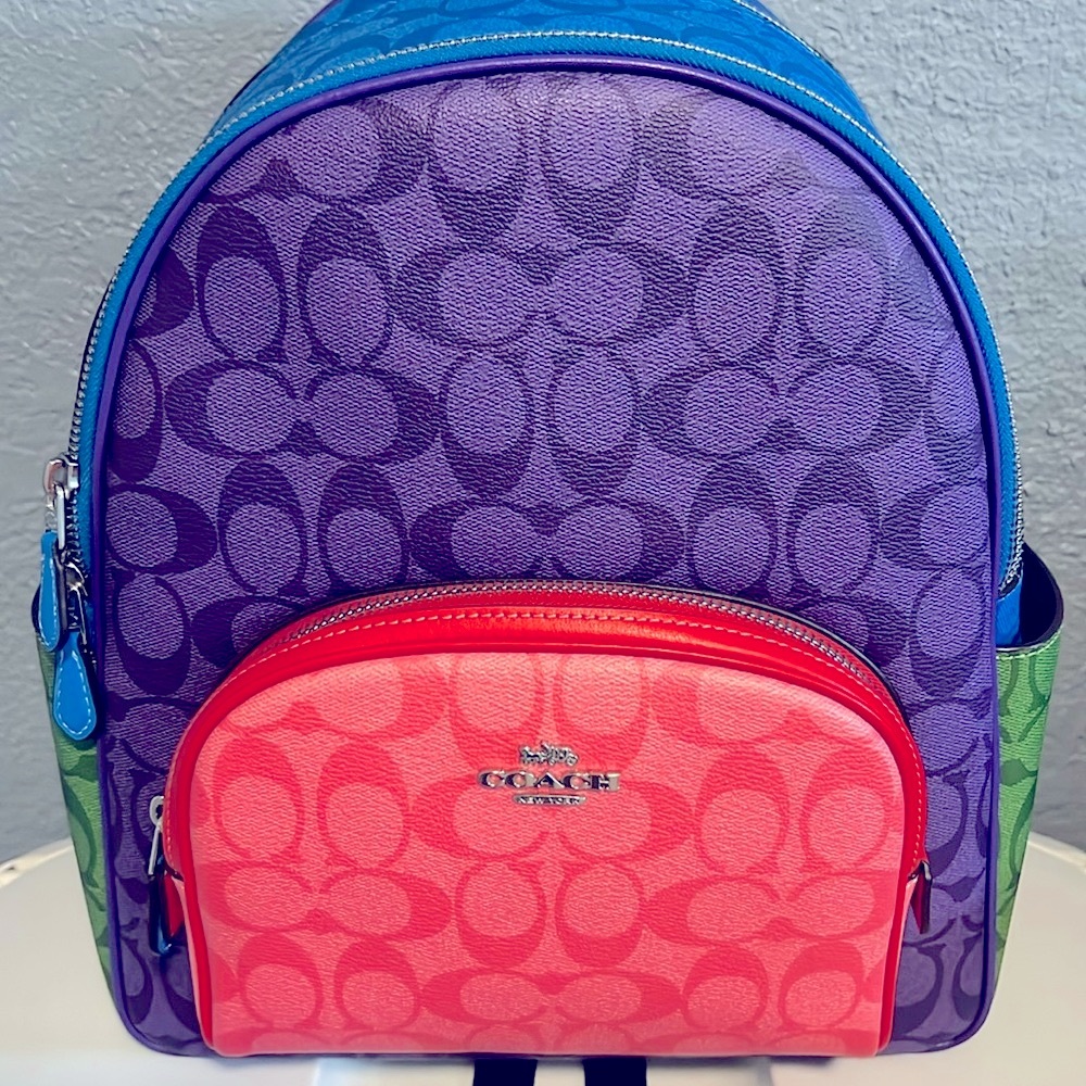 🌈 COACH RARE Court Backpack In Blocked Signature Canvas Colorblock MINT!! 💜💙💚💖 - Picture 3 of 17